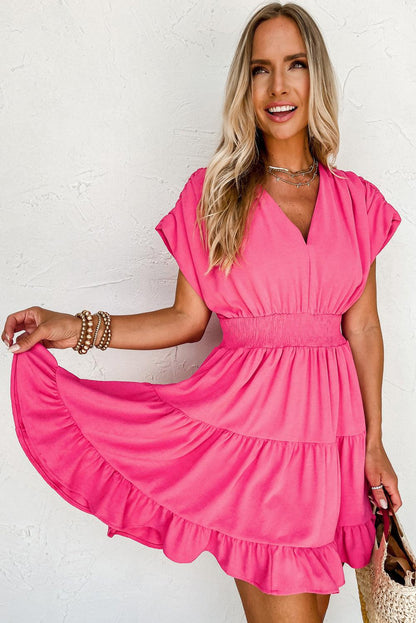 Women Pleated Sleeve V-Neck Smock Dress with Ruffles | Mila