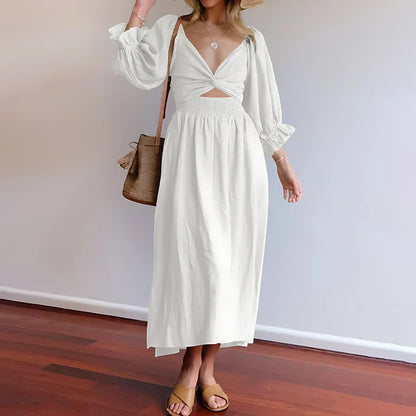 V-Neck Cutout Maxi Dress with Puff Sleeves | Sophia