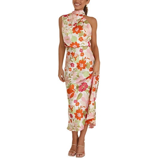 Floral Print Halter Neck Dress with Ruched Detail | Tina