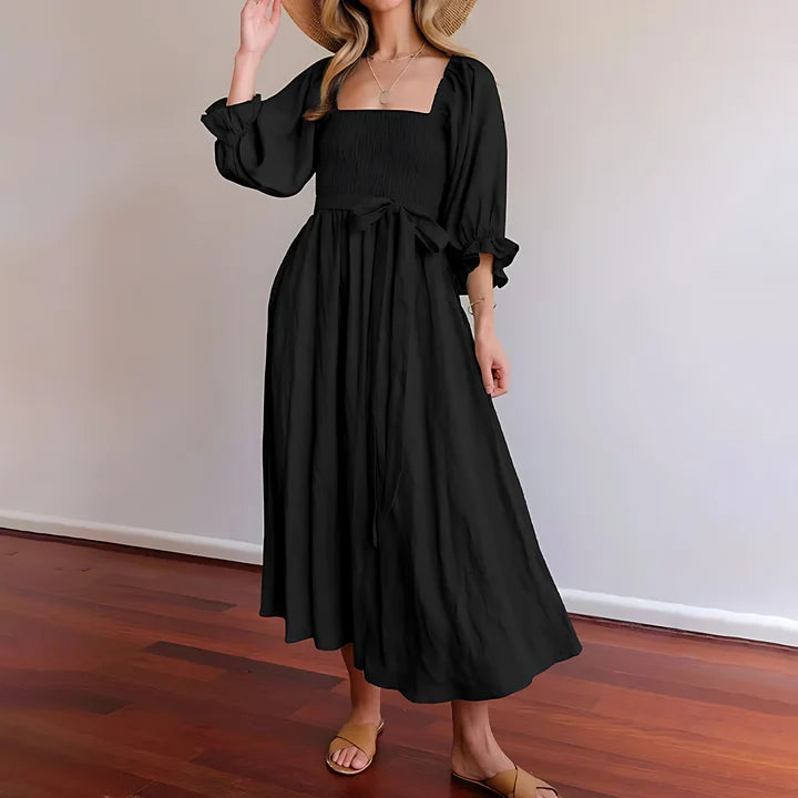 V-Neck Cutout Maxi Dress with Puff Sleeves | Sophia