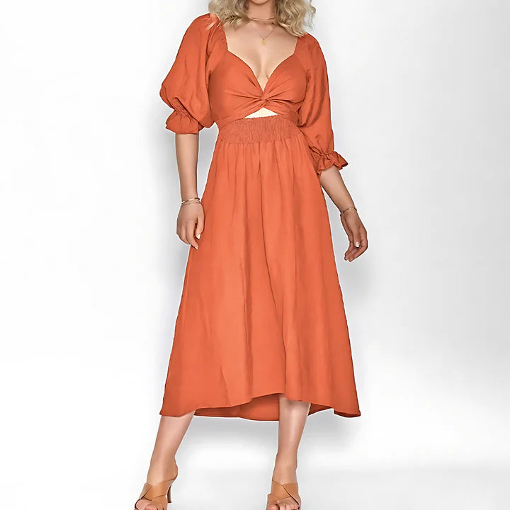 V-Neck Cutout Maxi Dress with Puff Sleeves | Sophia