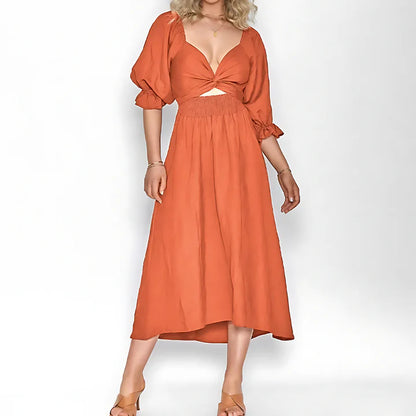 V-Neck Cutout Maxi Dress with Puff Sleeves | Sophia