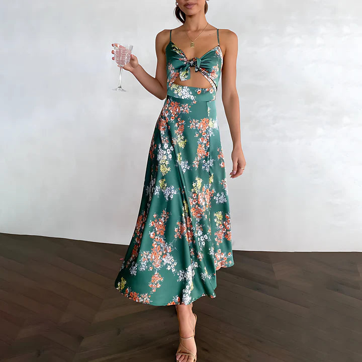 Floral Satin Midi Dress with Tie-Front Detail | Olena