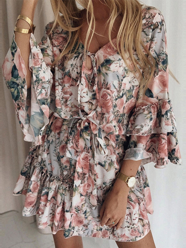 Floral Print Chiffon Dress with V-Neck and Ruffle Sleeves | Cherry