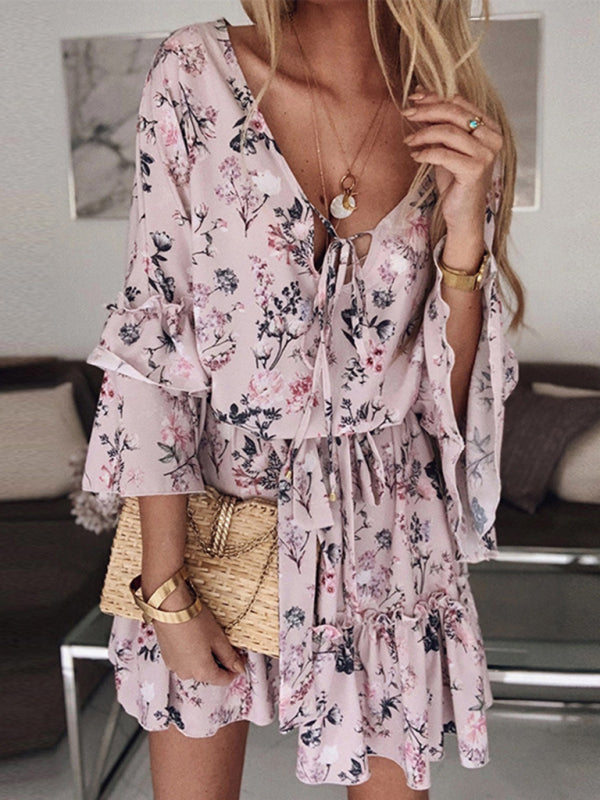 Floral Print Chiffon Dress with V-Neck and Ruffle Sleeves | Cherry