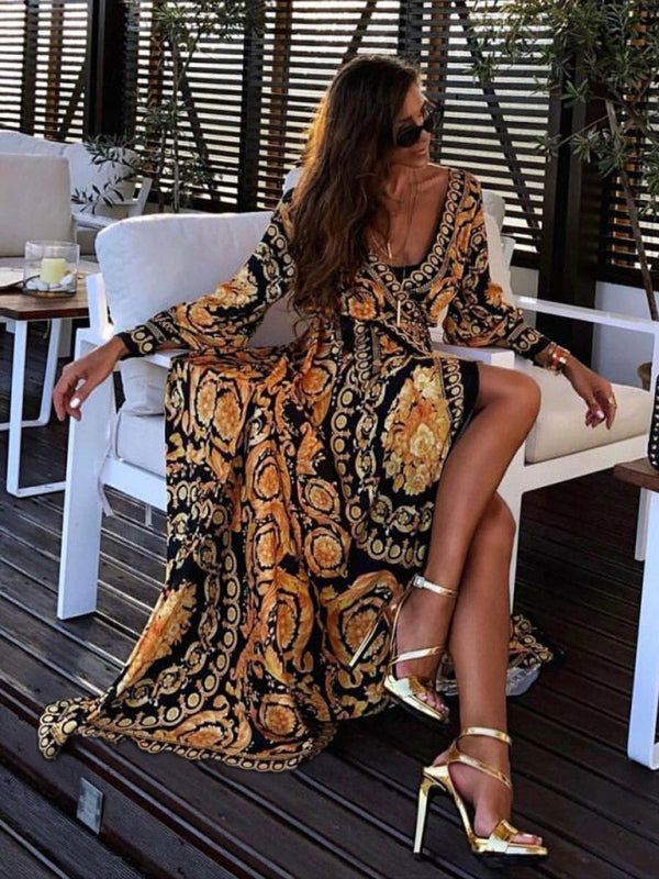 Bohemian Maxi Dress with Golden Print and High Slit | Evie