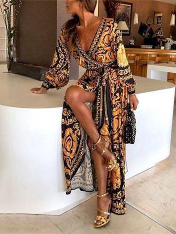 Bohemian Maxi Dress with Golden Print and High Slit | Evie