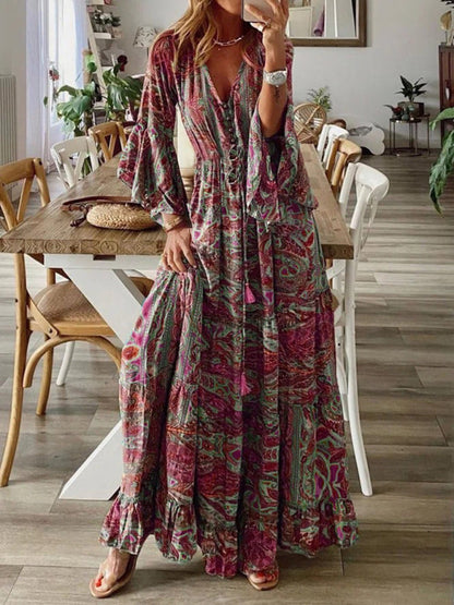 Bohemian Maxi Dress with Paisley Print and Trumpet Sleeves | Gayle