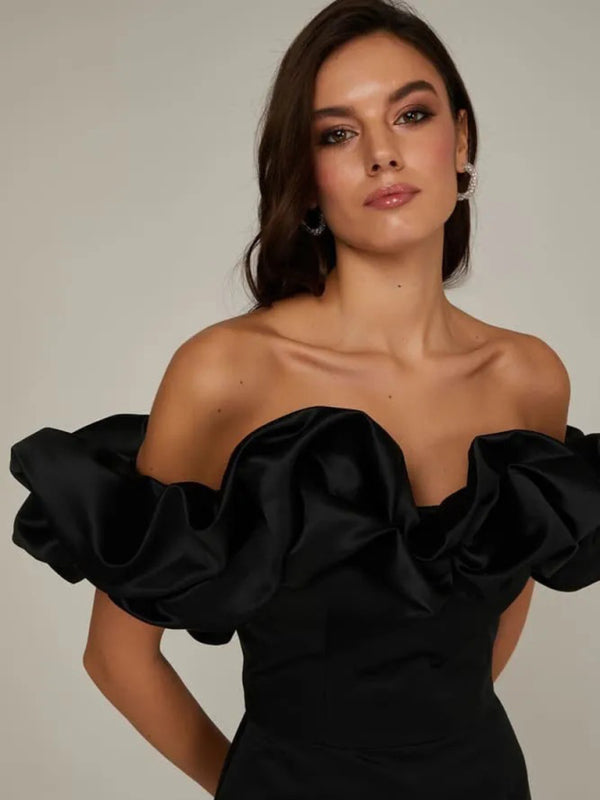 Ruffled Neckline Off-Shoulder Mini Dress with Fitted Silhouette | Pamela