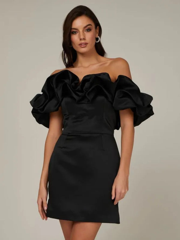 Ruffled Neckline Off-Shoulder Mini Dress with Fitted Silhouette | Pamela