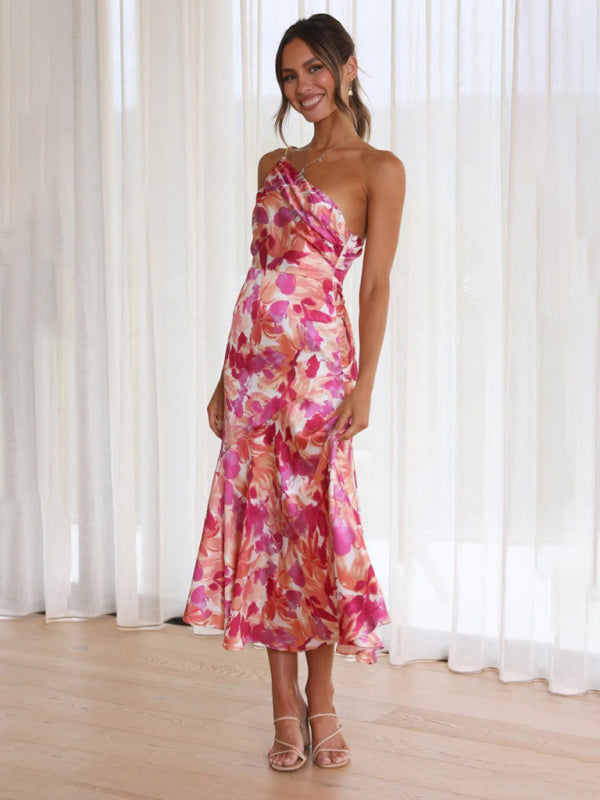 Asymmetrical Neckline Floral Print Midi Dress with Fishtail Hem | Alliah