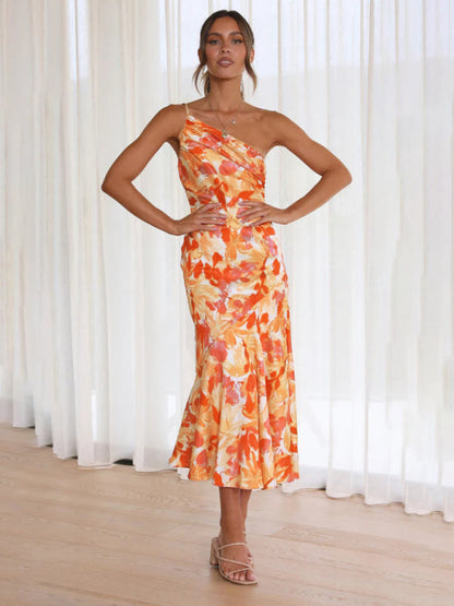 Asymmetrical Neckline Floral Print Midi Dress with Fishtail Hem | Alliah