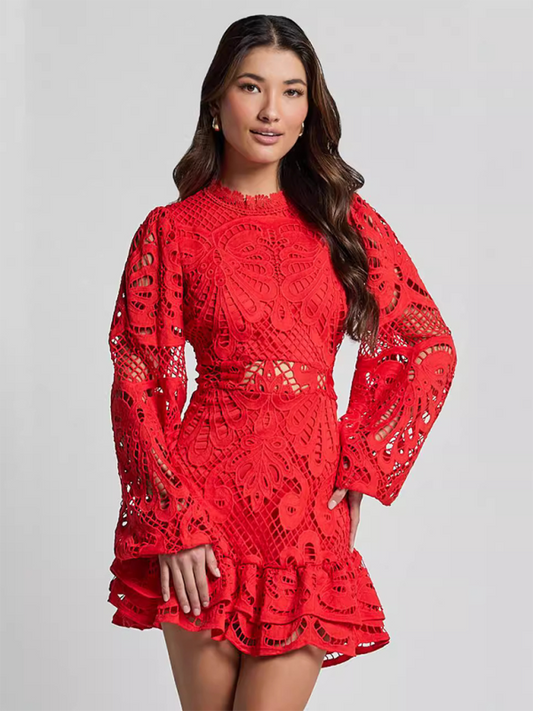 Red Lace Bell Sleeve Mini Dress | Vivienne