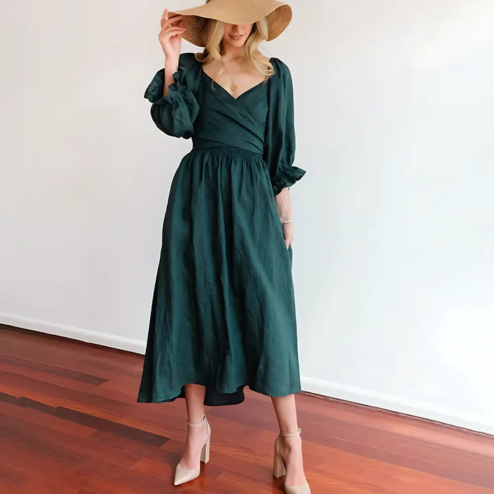 V-Neck Cutout Maxi Dress with Puff Sleeves | Sophia