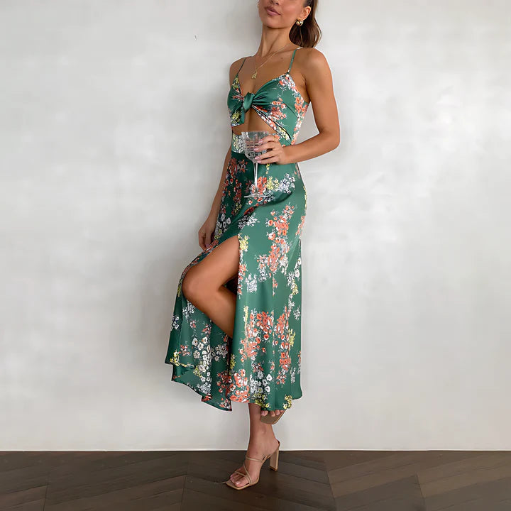 Floral Satin Midi Dress with Tie-Front Detail | Olena