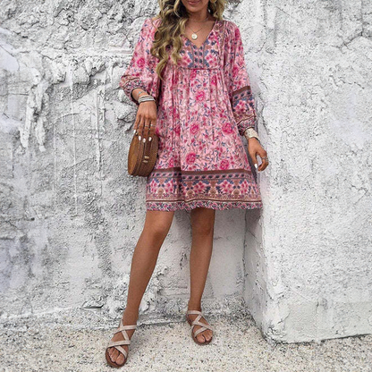 Bohemian Floral Tunic Dress with V-Neckline | Mea