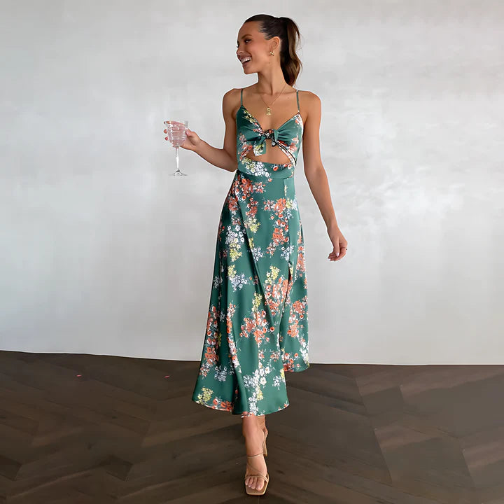 Floral Satin Midi Dress with Tie-Front Detail | Olena