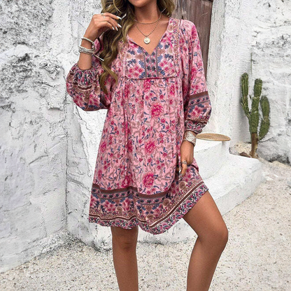 Bohemian Floral Tunic Dress with V-Neckline | Mea