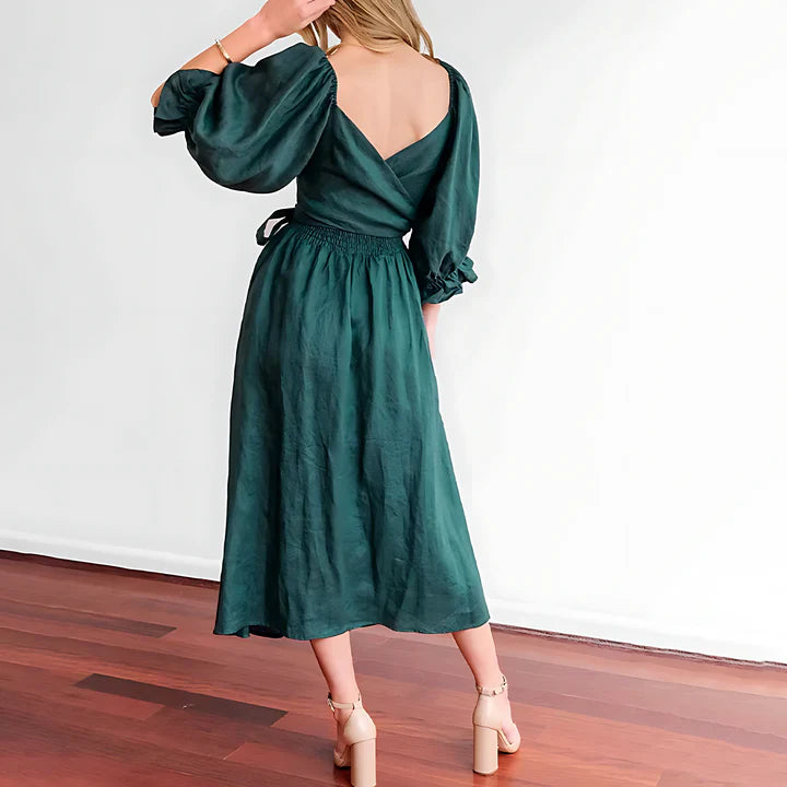 V-Neck Cutout Maxi Dress with Puff Sleeves | Sophia