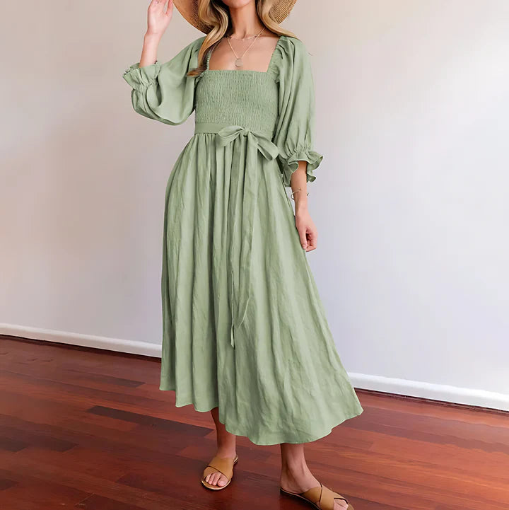 V-Neck Cutout Maxi Dress with Puff Sleeves | Sophia