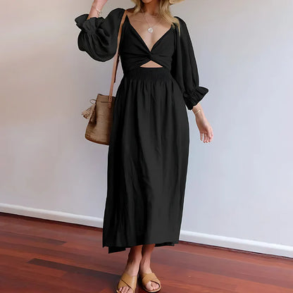 V-Neck Cutout Maxi Dress with Puff Sleeves | Sophia