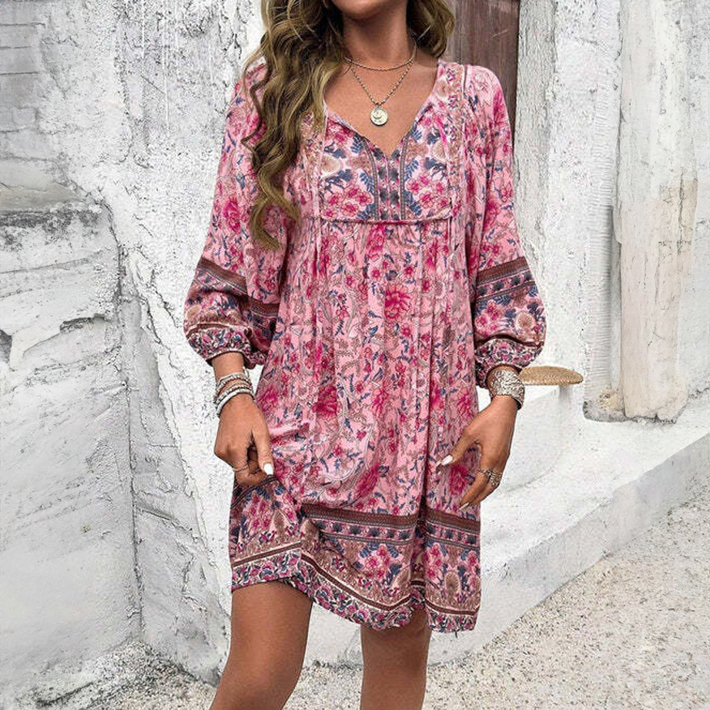 Bohemian Floral Tunic Dress with V-Neckline | Mea