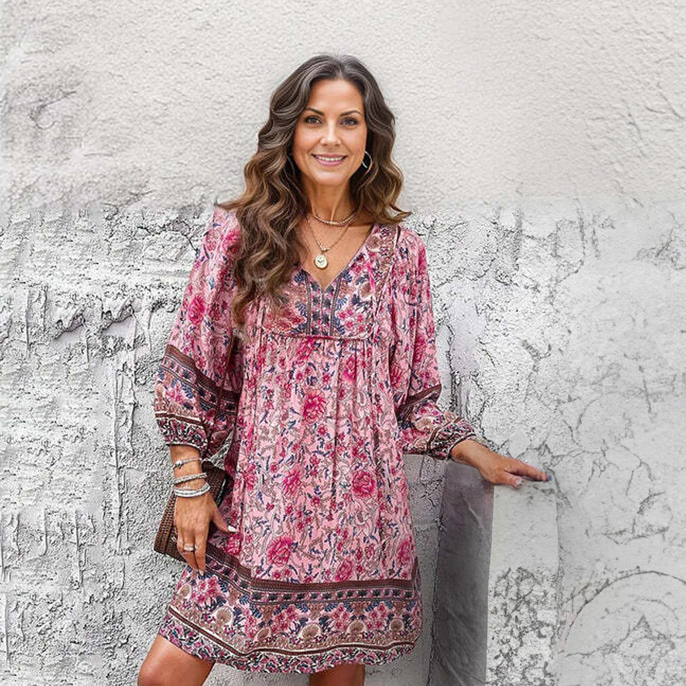 Bohemian Floral Tunic Dress with V-Neckline | Mea