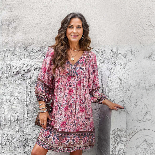 Bohemian Floral Tunic Dress with V-Neckline | Mea