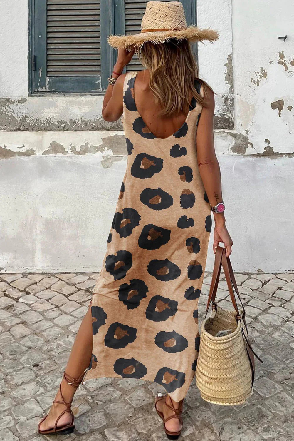 Leopard Split Open Back Sleeveless Maxi Dress | Mandy