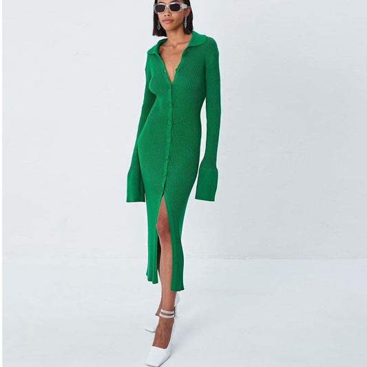 Women Ribbed Knit Collared Button Midi Dress | Jessalyn