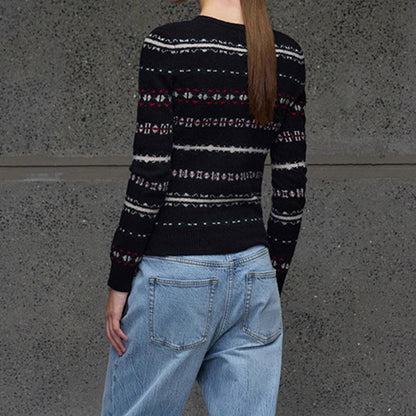 Women Fair Isle V-Neck Fitted Knit Sweater | Genira