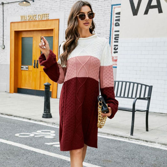 Women Colorblock Cable Knit Sweater Mini Dress | Narella