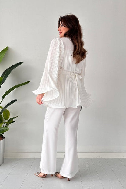 Pleated Flared Top and Pants Set | Cynthia