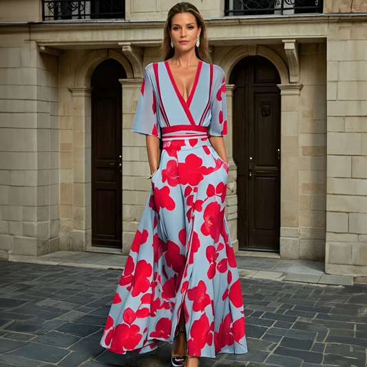 Women Maxi Dress V-Neck Size M Polyester | Elegant Flow-1