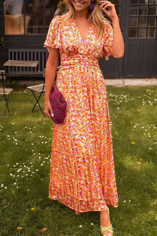 Women Pleated V-Neck Maxi Dress | Danira