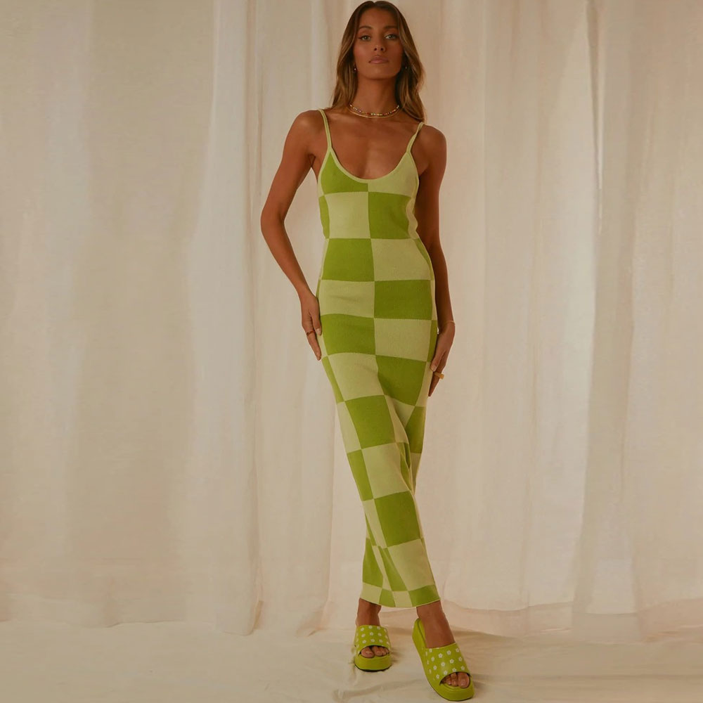 Women Plaid Print Knit Maxi Dress with Spaghetti Straps | Chrysanta