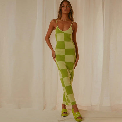 Women Plaid Print Knit Maxi Dress with Spaghetti Straps | Chrysanta