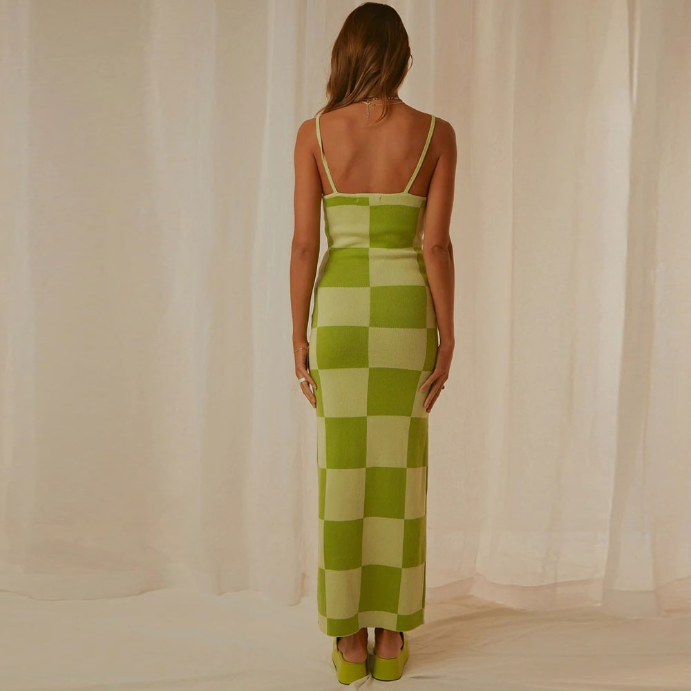 Women Plaid Print Knit Maxi Dress with Spaghetti Straps | Chrysanta