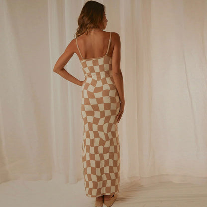 Women Plaid Print Knit Maxi Dress with Spaghetti Straps | Chrysanta