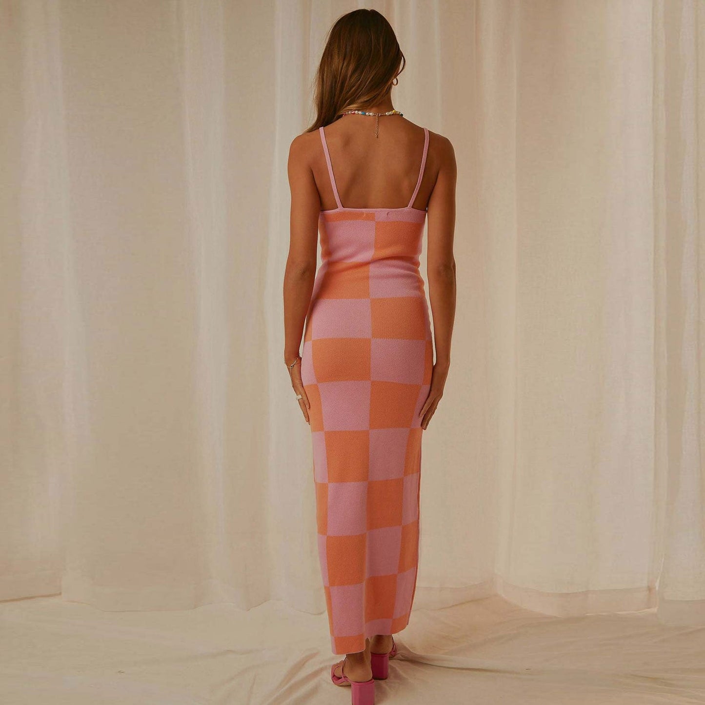 Women Plaid Print Knit Maxi Dress with Spaghetti Straps | Chrysanta