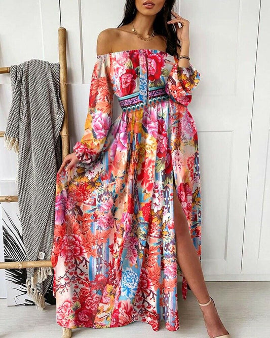 Off-Shoulder Floral Maxi Dress with Side Slit and Long Sleeves | Viviana