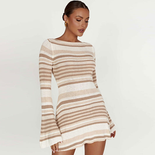Women Striped Tie-Back Flared Sleeve Mini Sweater Dress | Dariela