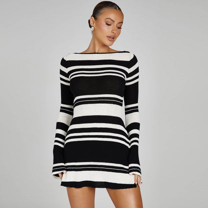 Women Striped Tie-Back Flared Sleeve Mini Sweater Dress | Dariela