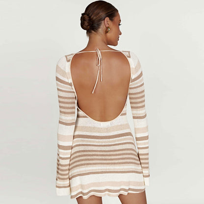 Women Striped Tie-Back Flared Sleeve Mini Sweater Dress | Dariela