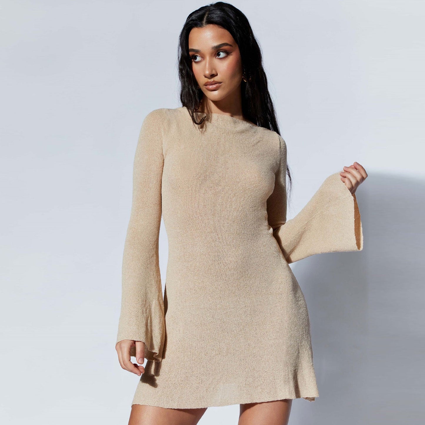 Women Tie-Back Flared Sleeve Mini Sweater Dress | Carielle