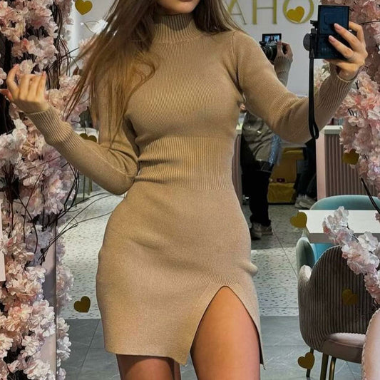 Women High-Neck Ribbed Knit Split Mini Dress | Florabel