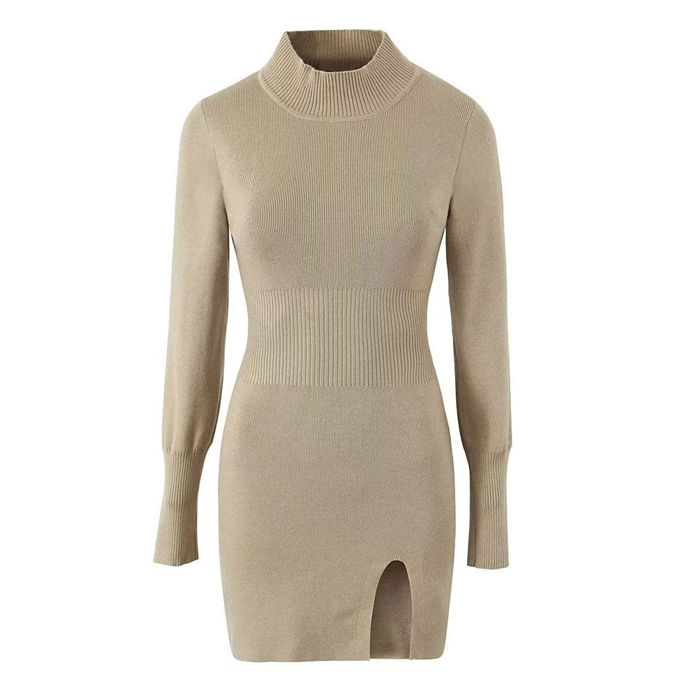 Women High-Neck Ribbed Knit Split Mini Dress | Florabel