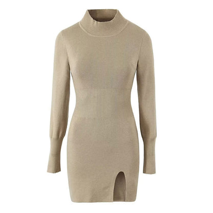Women High-Neck Ribbed Knit Split Mini Dress | Florabel