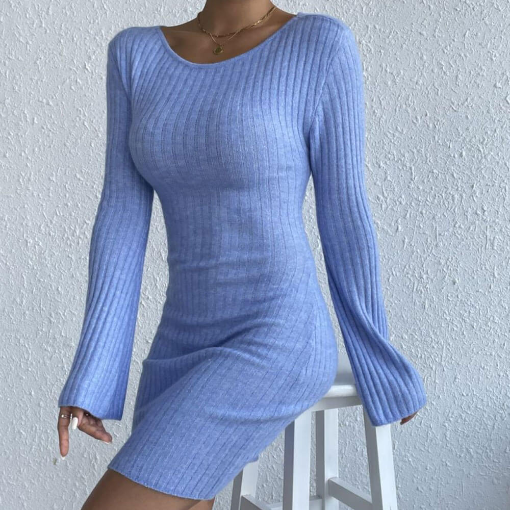 Women Ribbed Knit Bell Sleeve Sweater Dress | Mahalia