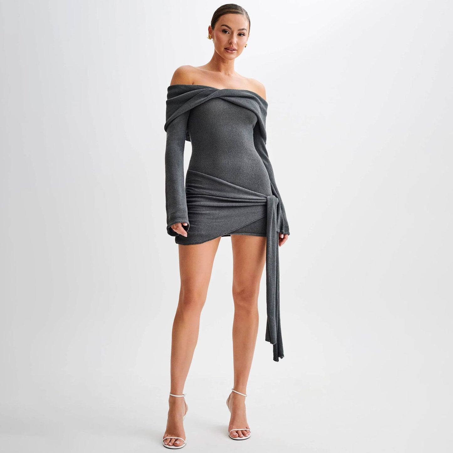 Women Off-Shoulder Tie-Knot Sweater Mini Dress | Kailene